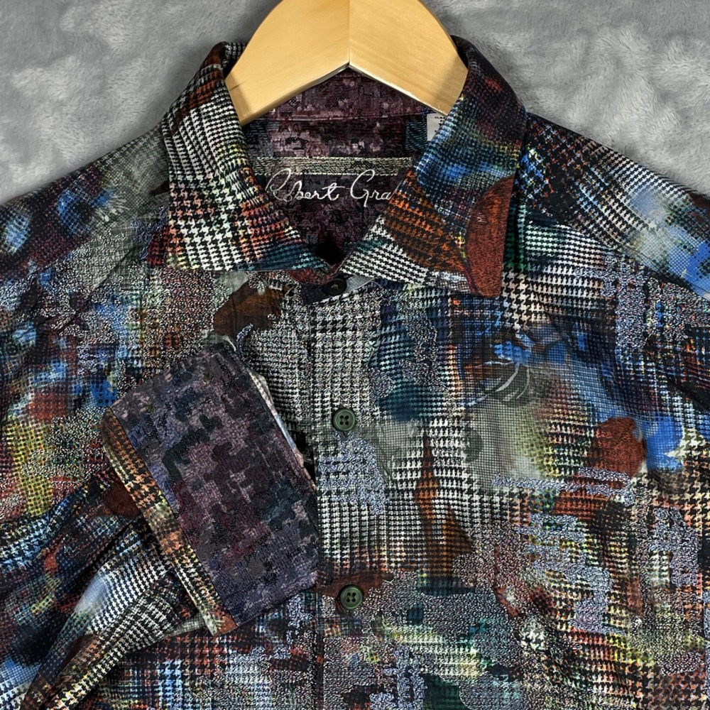 Robert Graham Mens Classic Fit Abstract Houndstooth Multi-Color Shirt Size M
